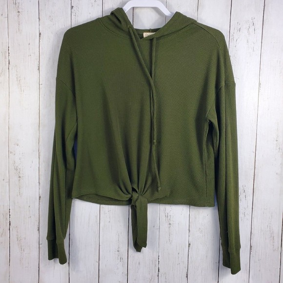 Lily White Knit Crop Sweatshirt Hooded Womens Size Medium Green Light Weight - Picture 1 of 8